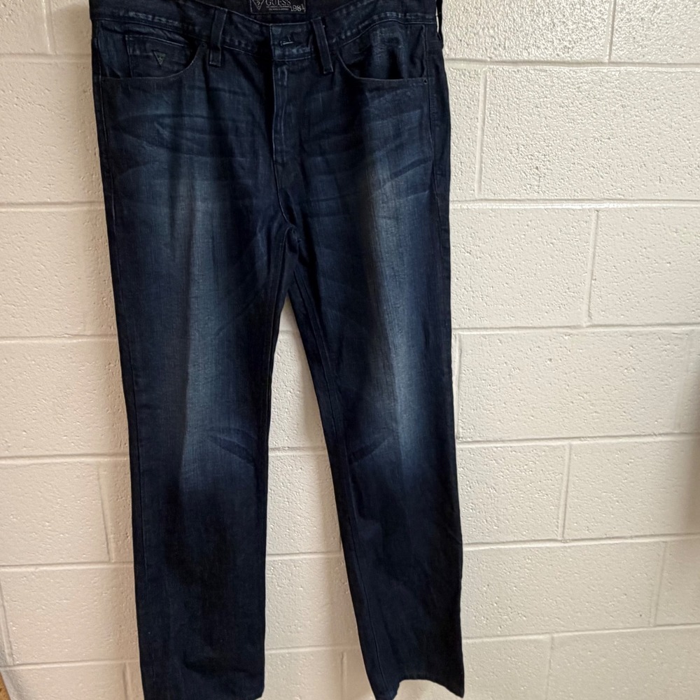 Guess Mens Lincoln Straight Denim Jeans 38x34 Wash Indigo Whiskered Classic Y2K